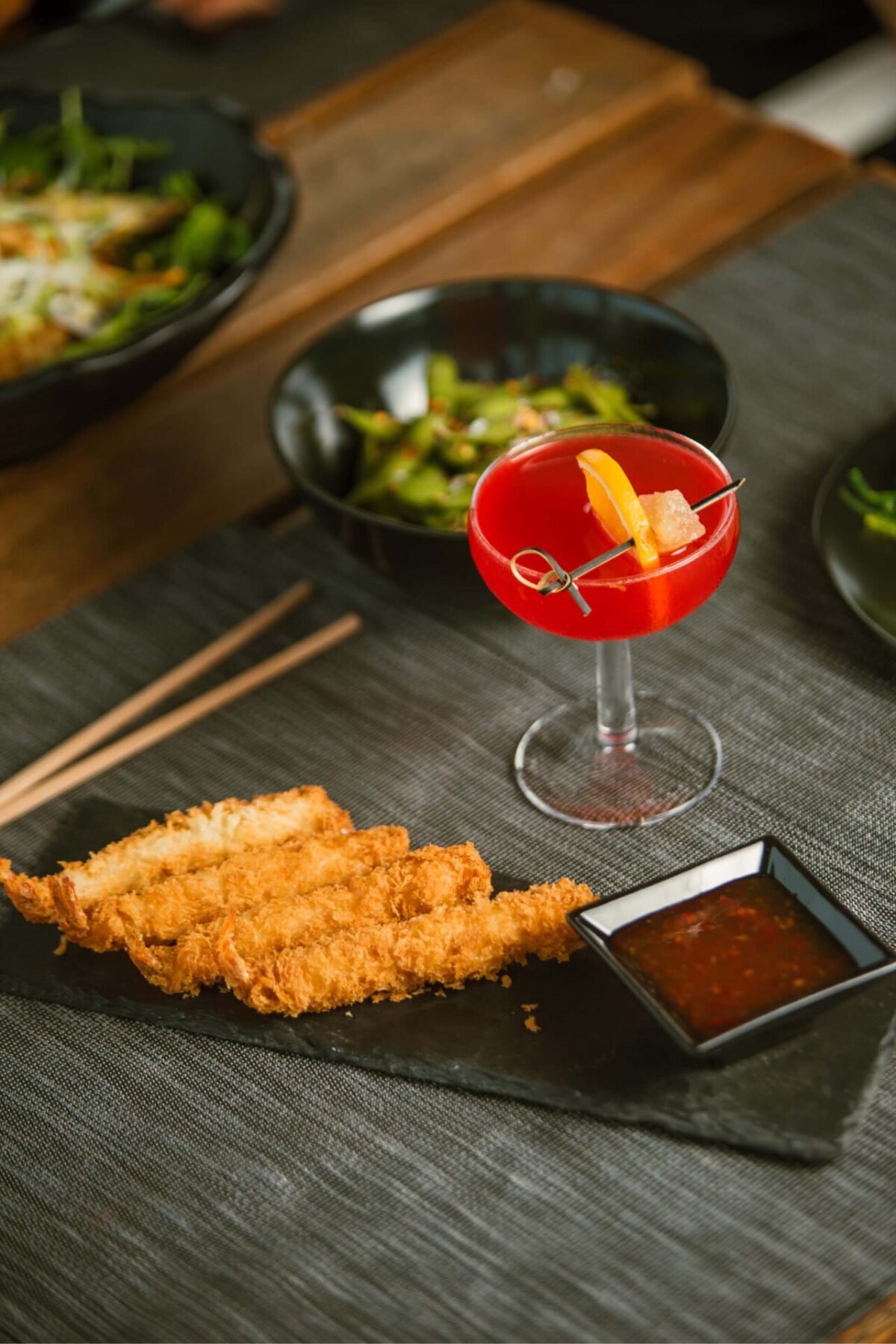 Evening and night menu items featuring a cocktail, tempura shrimp, and edamame salad